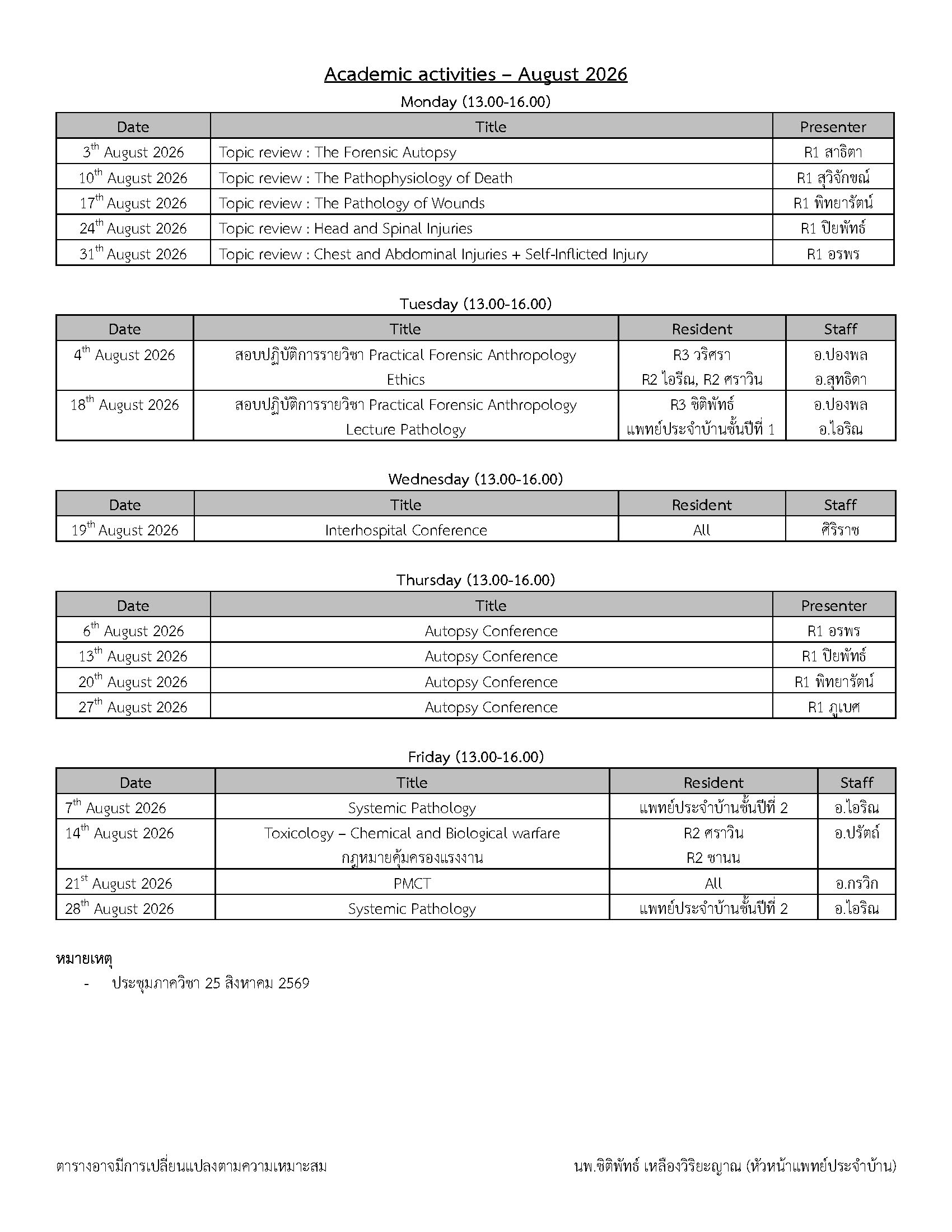 ตารางกิจกรรมแพทย์ประจำบ้าน